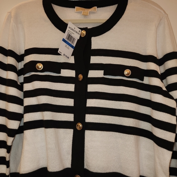 NWT Michael/Michael Kors Black/White Stripe Cardigan Gold Logo Buttons Size XL - Picture 3 of 11